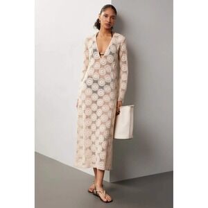 Ronny Kobo Collective Cream Medallion Crochet Maxi Dress Long Bell Sleeve Small